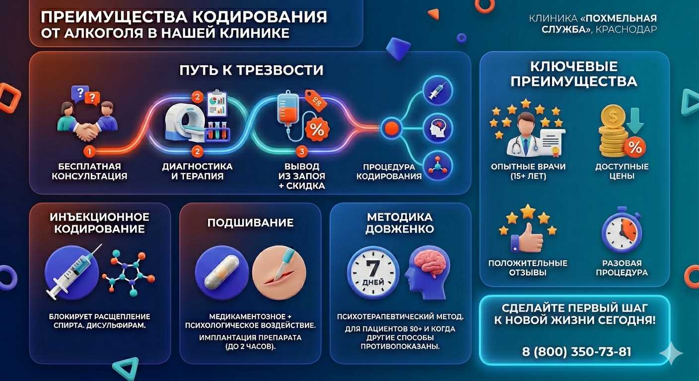 Инфографика о методах кодирования от алкоголя в Ставрополе: инъекции, подшивание, метод Довженко. Преимущества клиники и этапы лечения.