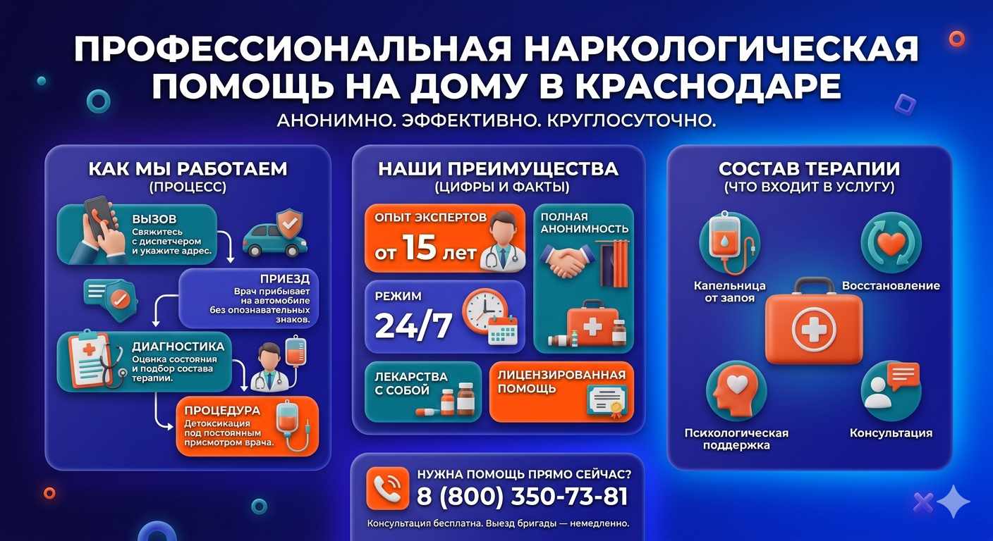 Инфографика о принципах лечения алкоголизма на дому в Ставрополе: этапы вызова нарколога, преимущества анонимной детоксикации и состав медицинской помощи.